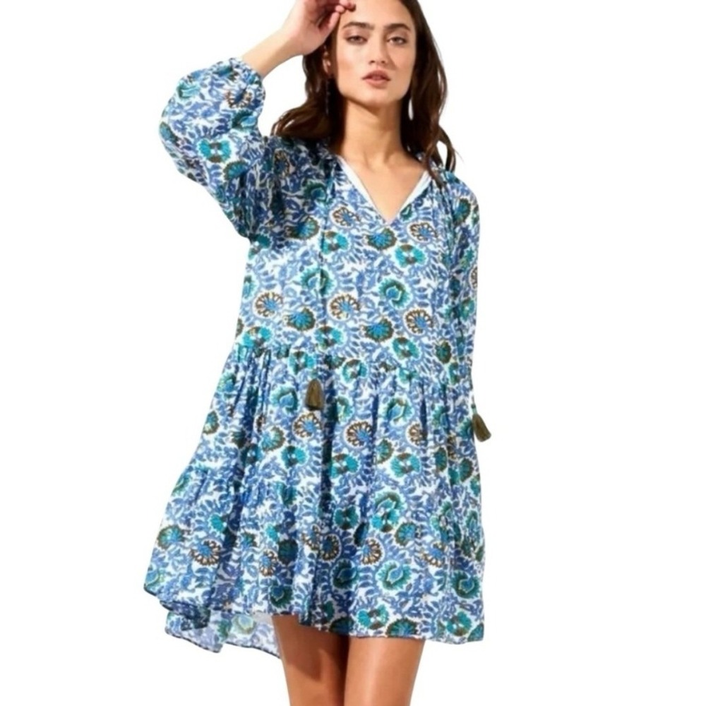 Oliphant Napa Short Dress Balloon Sleeve Medium Blue Floral Boho Lurex Tassel